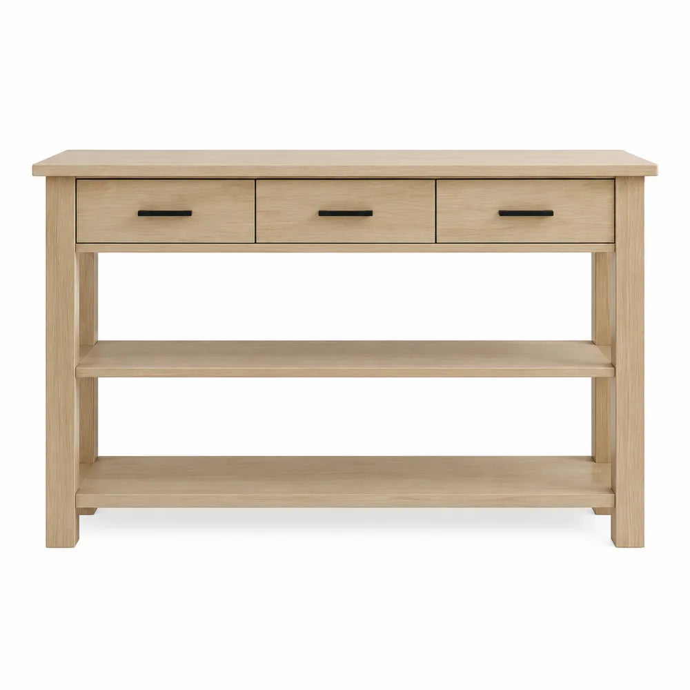 Console en bois de chêne avec 3 tiroirs et 2 étagères 120x40x80cm