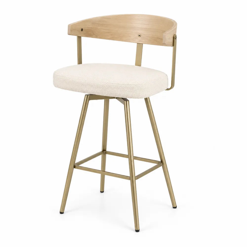 Tabouret de bar en bois, métal doré et tissu polyester beige
