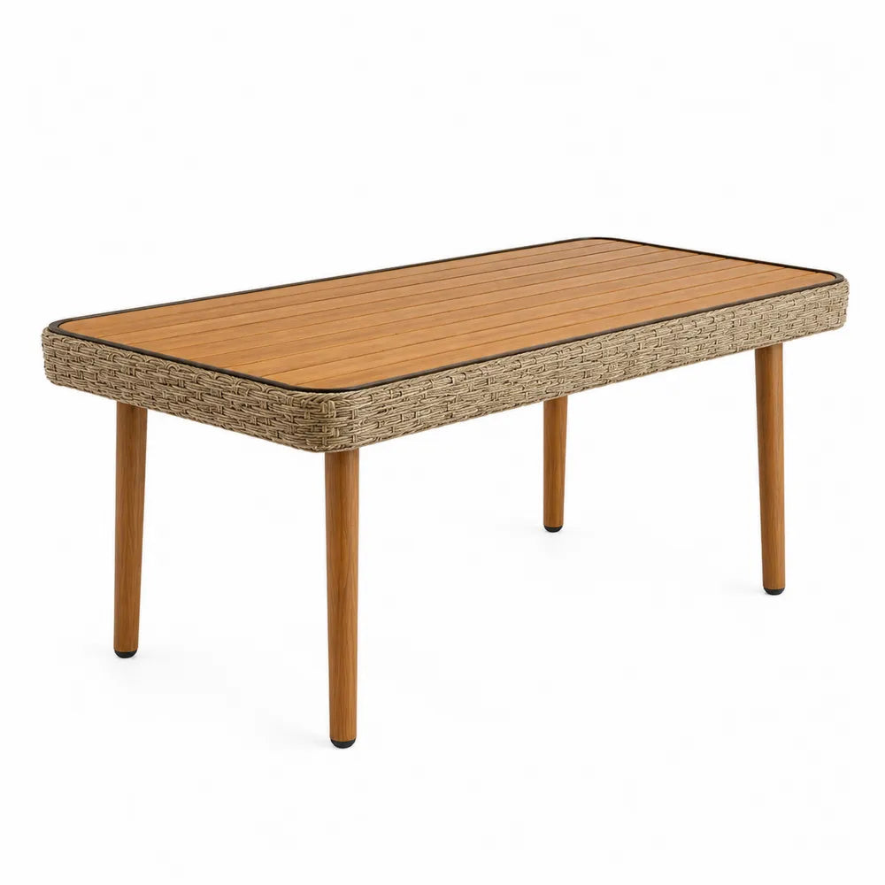 Table de jardin rectangulaire en bois et rotin synthétique