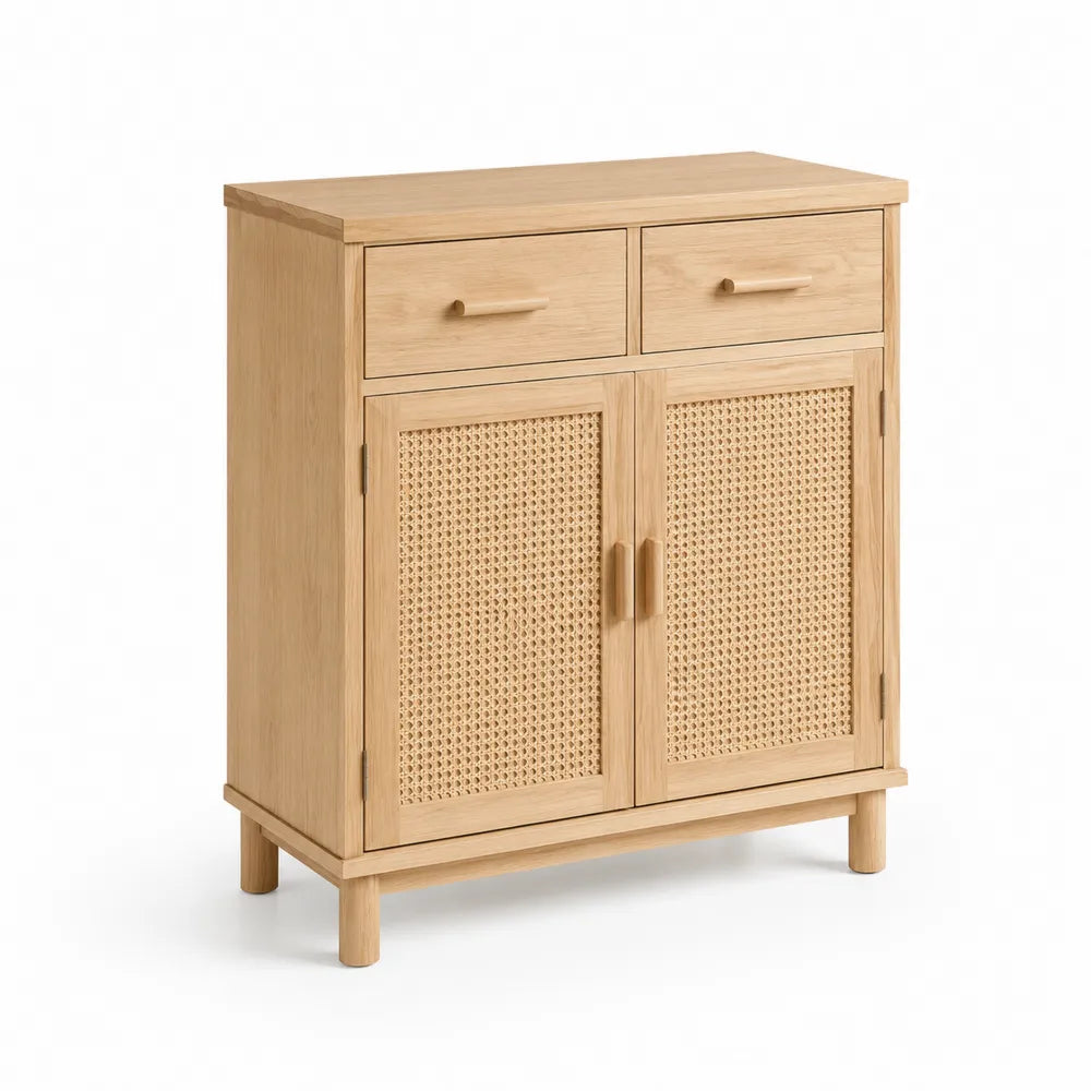 Armoire en bois avec portes en rotin et tiroirs 85x80x35 cm