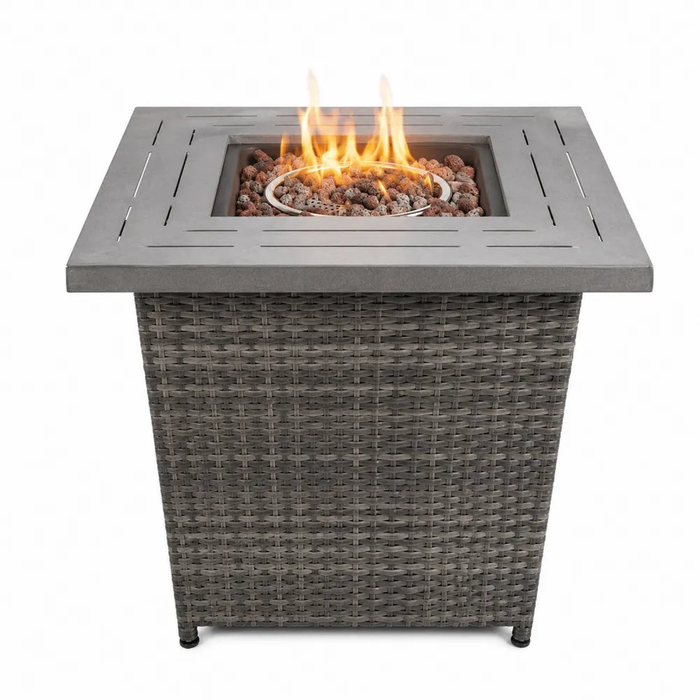 Table de feu d'extérieur en acier inoxydable et résine tressée avec plateau en béton