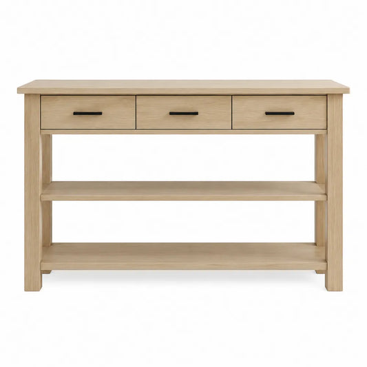 Console en bois de chêne avec 3 tiroirs et 2 étagères 120x40x80cm