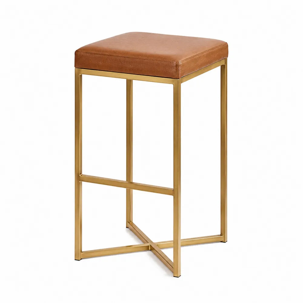Tabouret de bar en cuir synthétique brun avec cadre en acier doré 75 cm