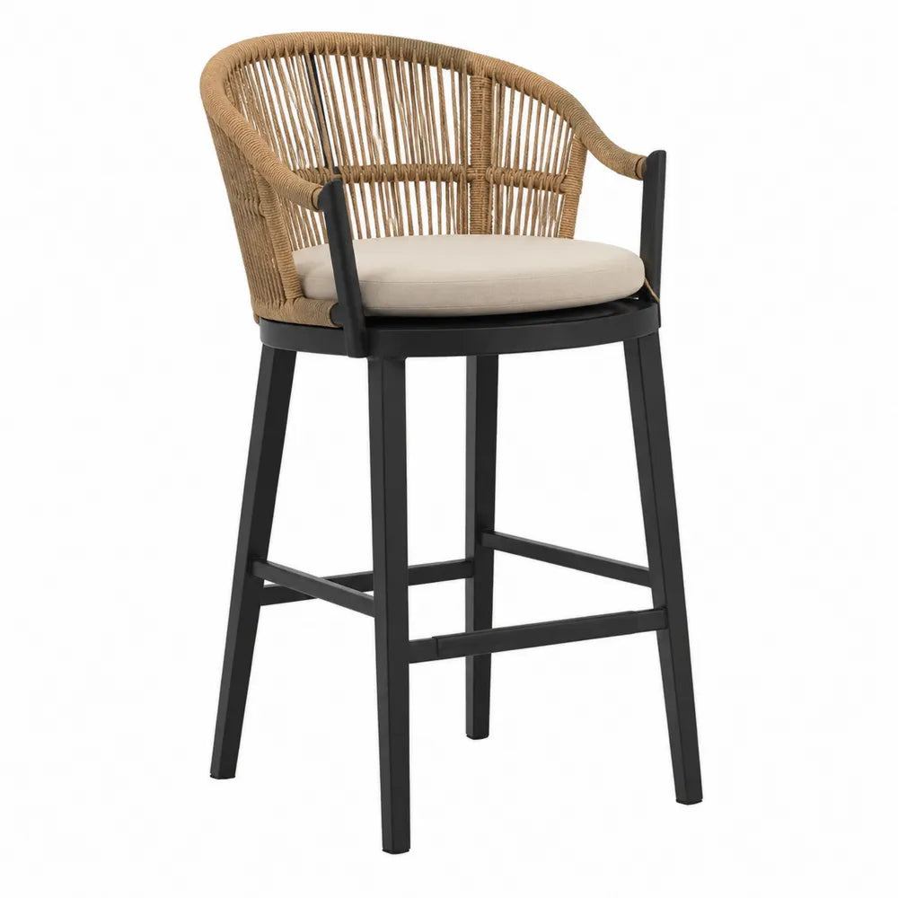 Tabouret de bar en aluminium avec dossier en rotin et coussin beige