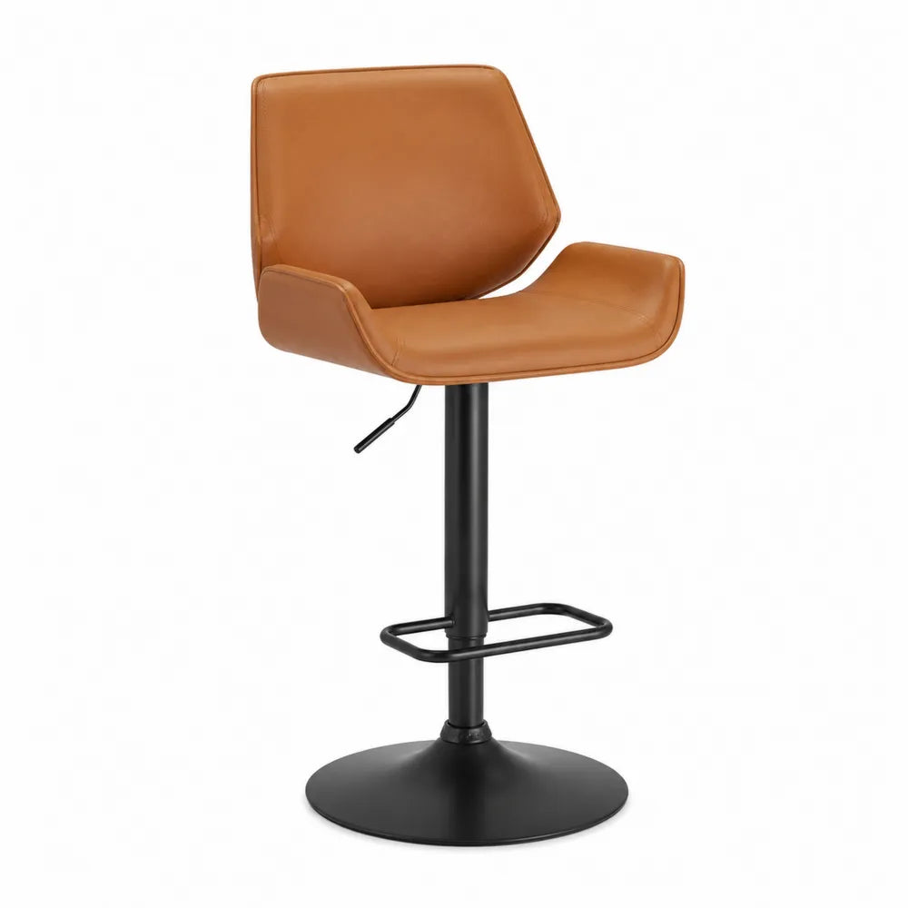 Tabouret de bar en cuir synthétique marron avec pied en métal noir