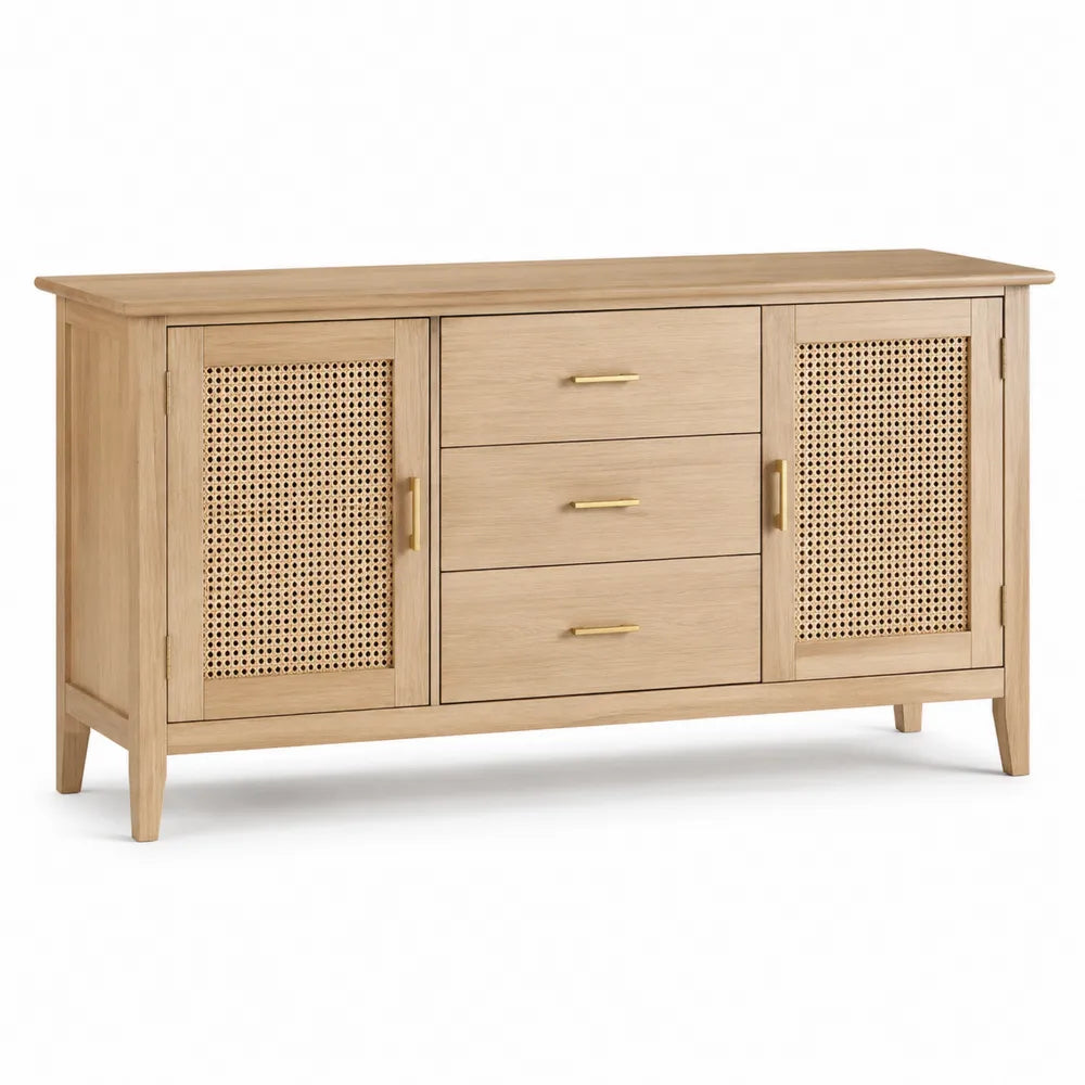 Buffet en bois d'hévéa avec portes en cannage et trois tiroirs