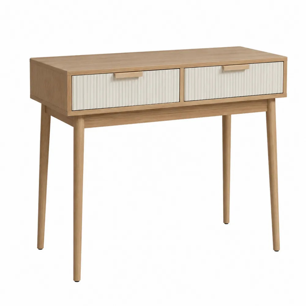 Console en bois avec 2 tiroirs en chêne naturel et blanc 100x35x75 cm