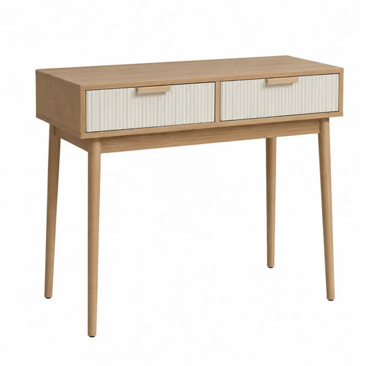 Console en bois avec 2 tiroirs en chêne naturel et blanc 100x35x75 cm