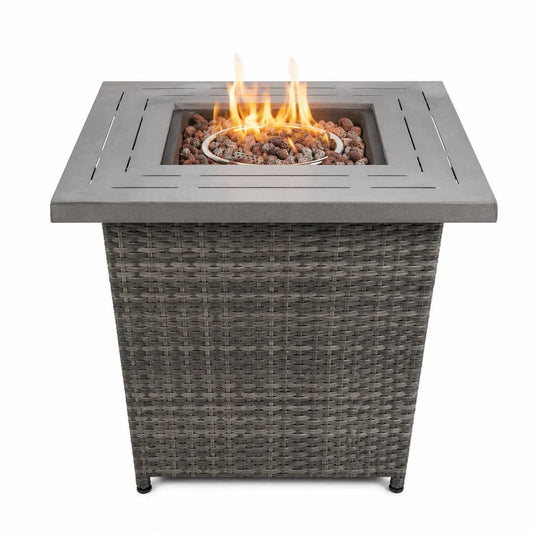 Table de feu d'extérieur en acier inoxydable et résine tressée avec plateau en béton